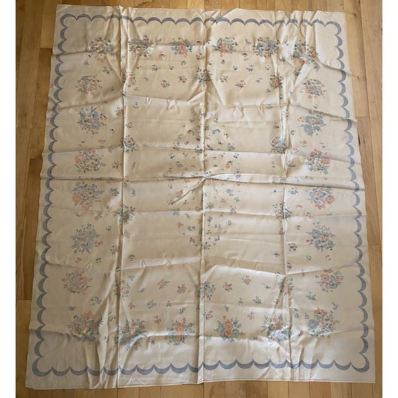 Vintage Mid-Century Tablecloth Flowers Floral Blue Orange 4'x5' Cottage Core - Picture 8 of 9